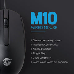 UP M10 Wired, USB Optical Mouse, Black