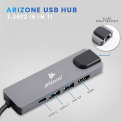 Arizone® USB HUB T-3602 (5 in 1) 1*USB 3.0/1*USB 2.0/HDMI/RJ45/USB-C PD 100Mbps