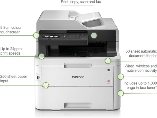 Brother MFC-L3750CDW Colour Laser Printer - All-in-One, Wireless/USB 2.0, Printer/Scanner/Copier/Fax Machine, 2 Sided Printing, 24PPM, A4 Printer, Small Office/Home Office Printer
