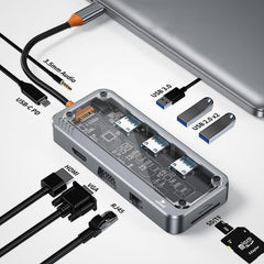 Arizone® USB HUB SW10V (10 IN 1) 1*USB 3.0/2*USB 2.0/HDMI/RJ45/VGA/USB-C PD/SD/TF/3.5mm 100Mbps